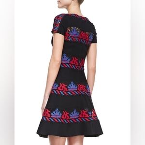 Valentino Blue Red Embroidered Tribal Short Sleeve Fit And Flare Mini Dress 38